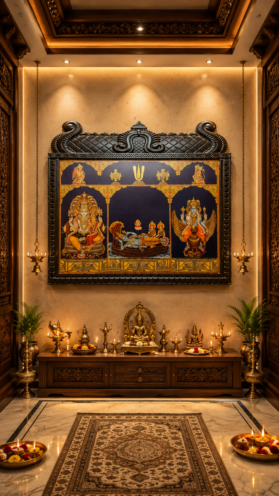 Sri Vishnu Vaibhavam – Gold Leaf Art of Vishnu & Lakshmi, Ranganathar with Sridevi & Bhudevi, and Garuda in a Temple-Engineered Wooden Frame