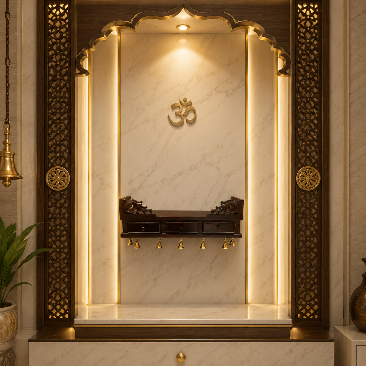 Wooden Wall Shelf with Bells – Traditional Rosewood Elegance for Home & Office