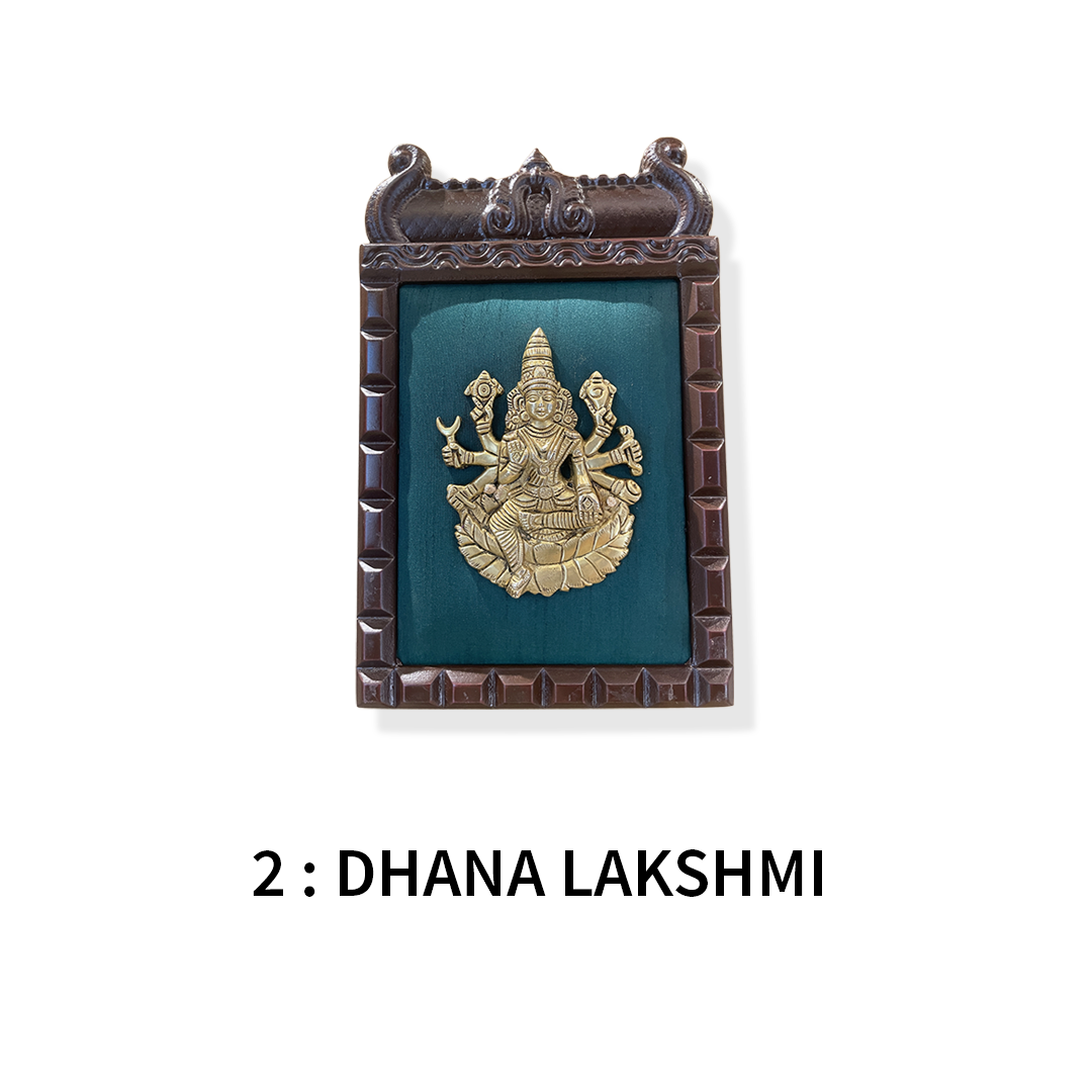 Ashtalakshmi brass wall art – Set of 8 | Green silk backdrop | Sacred home decor
