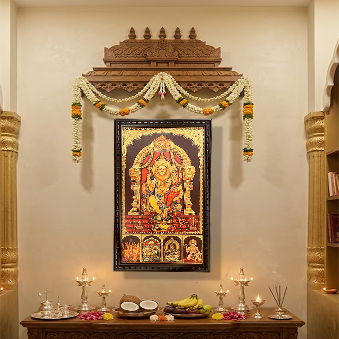 Lakshmi Narasimha with Shiva Parivar, Saraswathi & Hanuman Framed Photo | Divine Panchadevata Wall Art | Premium Pooja Frame