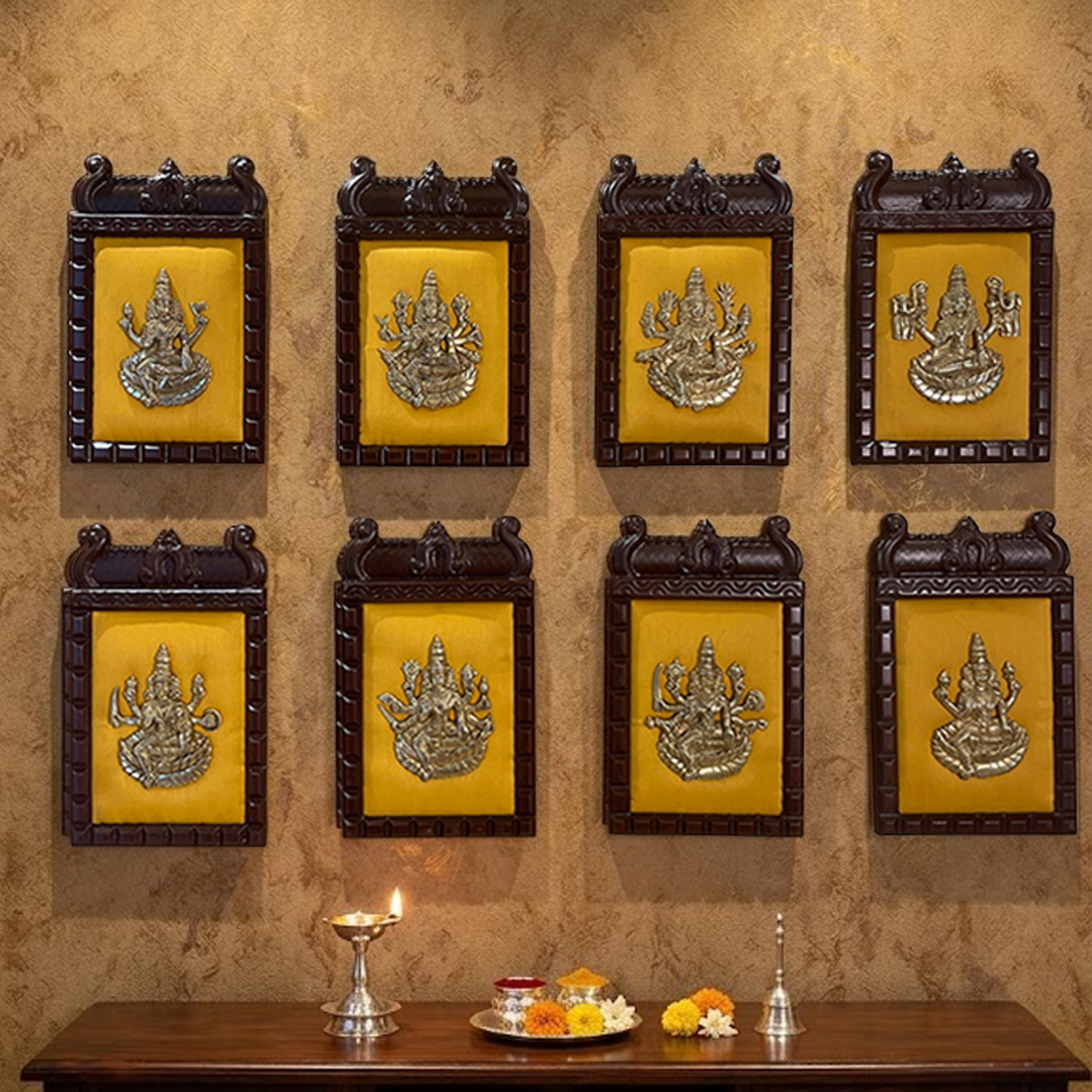 Ashtalakshmi Brass Wall Art with Golden Silk Backdrop – Sacred Décor for Homes &amp; Workspaces