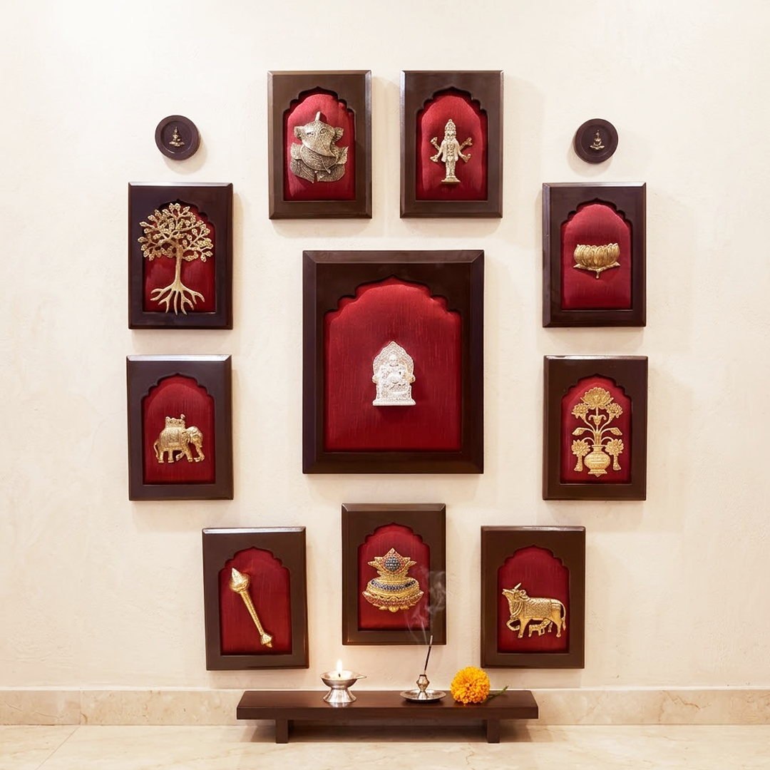 10 Auspicious Elements Wall Art Set with Kubera Center | Red Silk Backdrop Wooden Frame | Luxury Vastu Decor for Home Entrance & Living Room