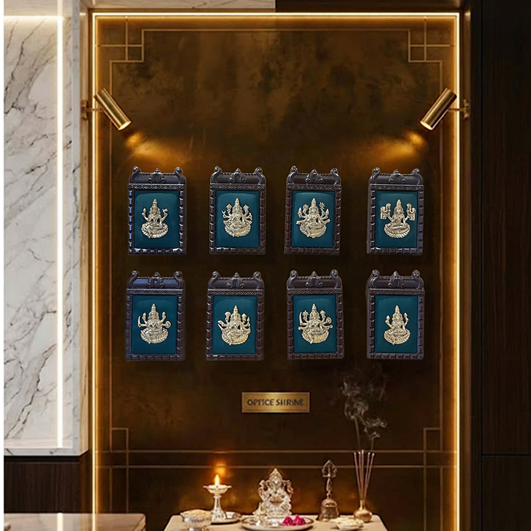 Ashtalakshmi brass wall art – Set of 8 | Green silk backdrop | Sacred home decor