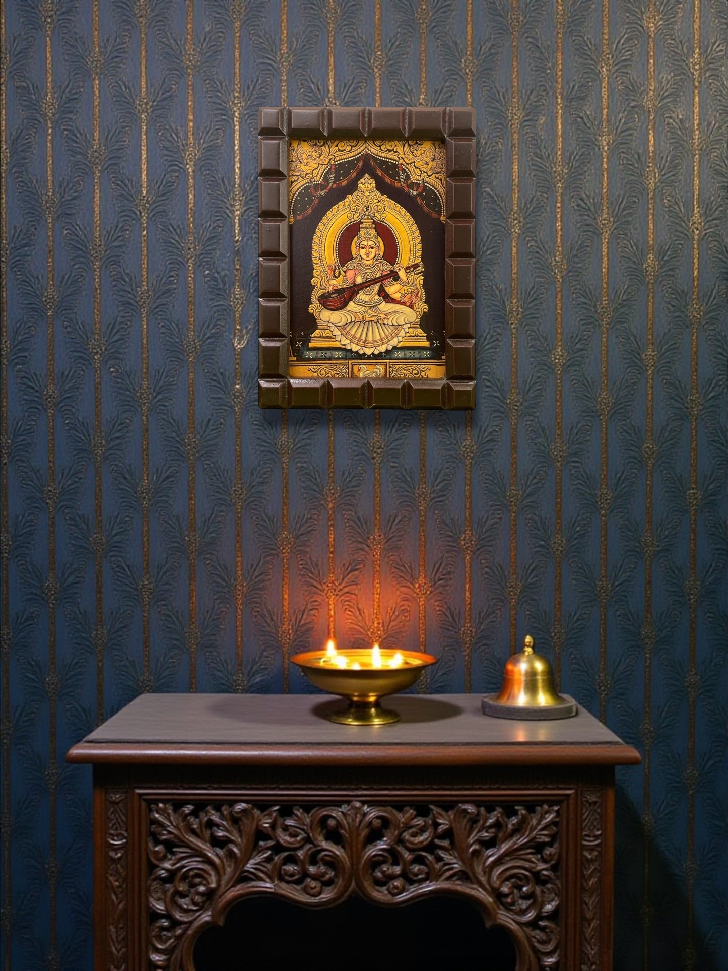 Goddess Saraswati Gold Leafed Art With Wooden Frame