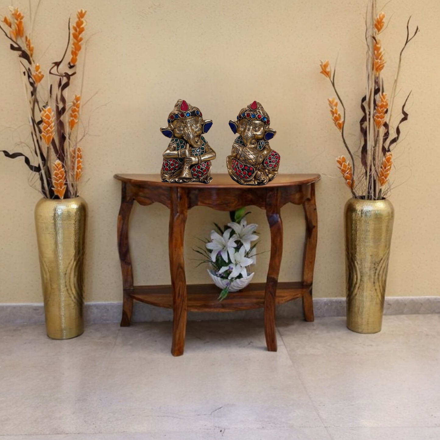 Handcrafted Lord Ganesha Idols with Colorful Stones 2 – Brass Finish on Blue Silk Base