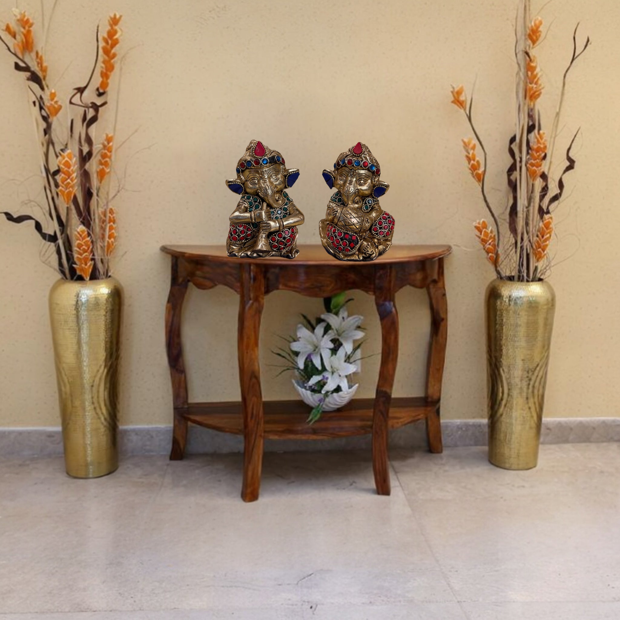 Handcrafted Lord Ganesha Idols with Colorful Stones 2 – Brass Finish on Blue Silk Base
