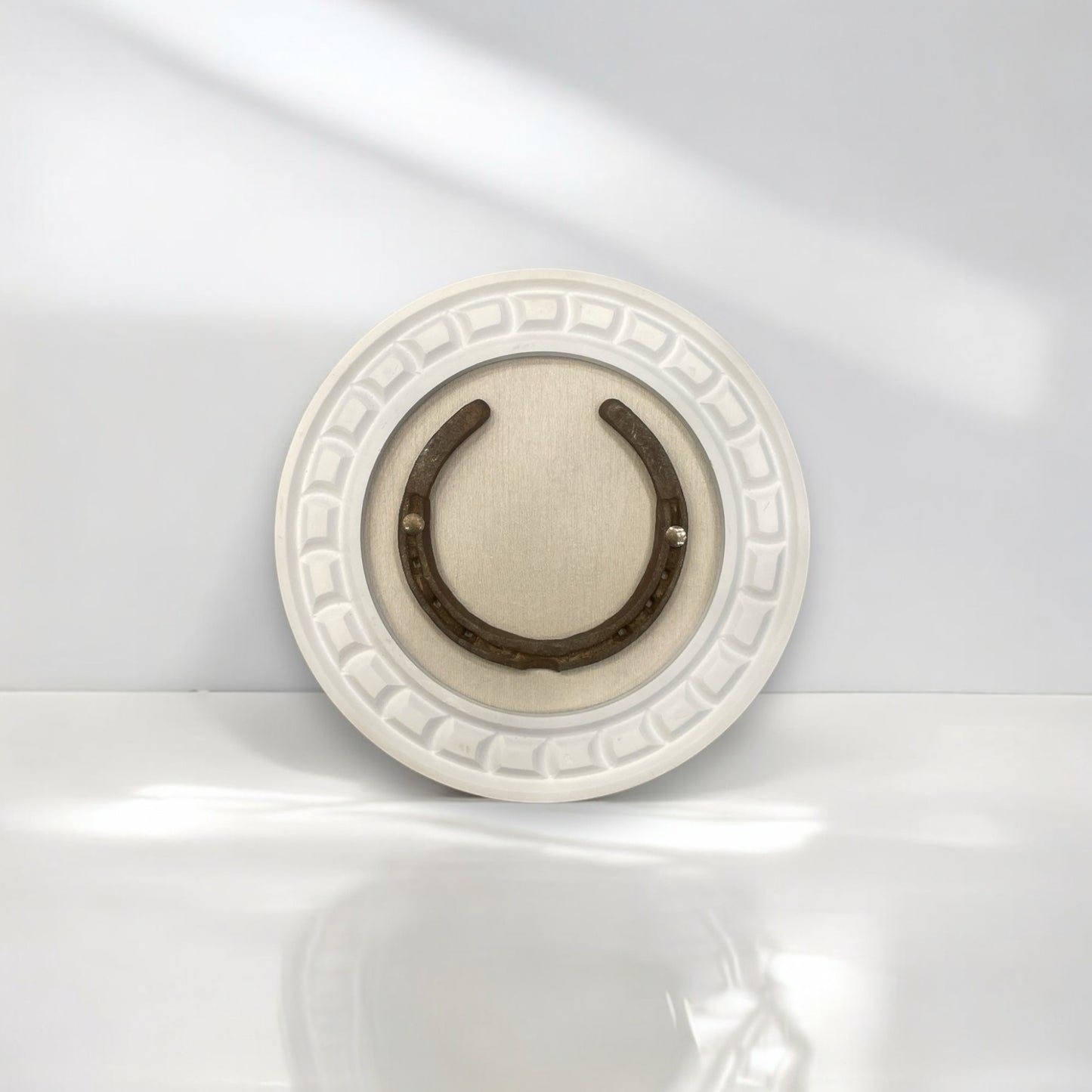 Good Luck Horse Shoe Natural with Off-white silk backdrop carved circular White wooden frame