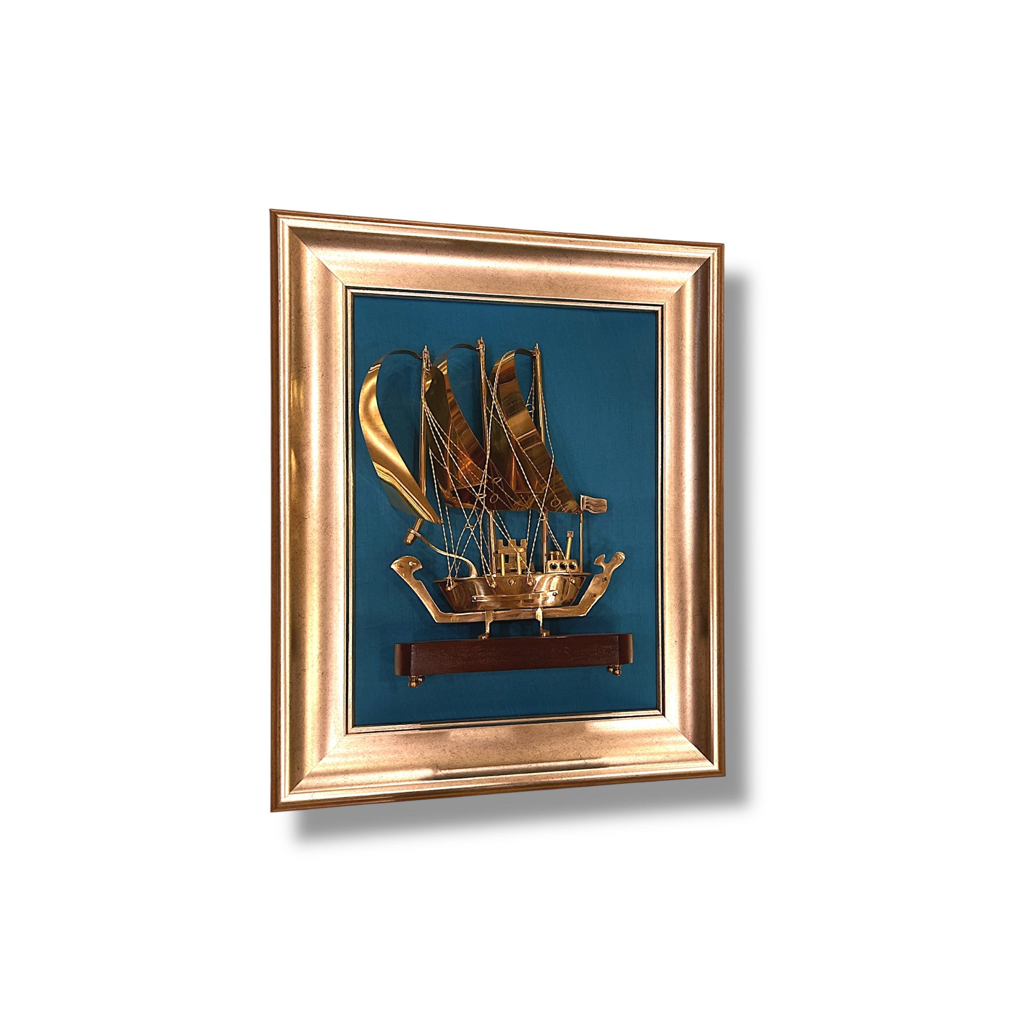Brass Ship with Blue Silk in Moulded Frame