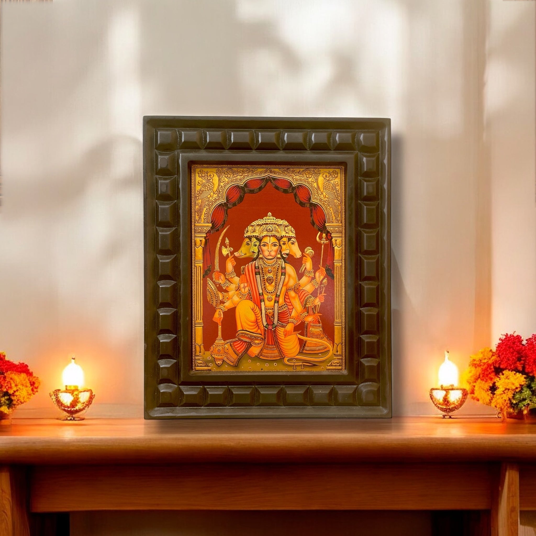 Gold Leafed Art Panchmukhi Hanuman - 2 With Wooden Frame