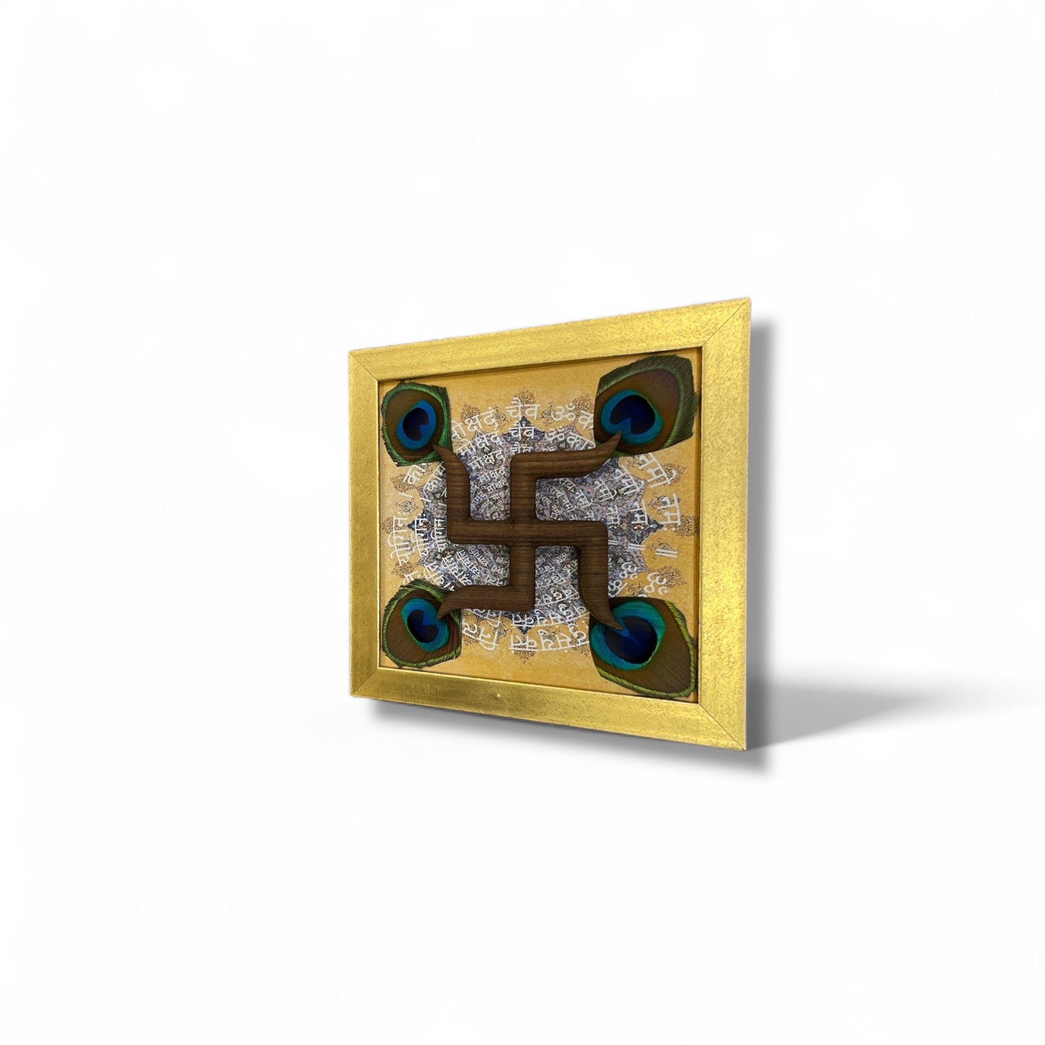 Wooden Swastik with Peacock Feathers on Omkara in Gold Frame