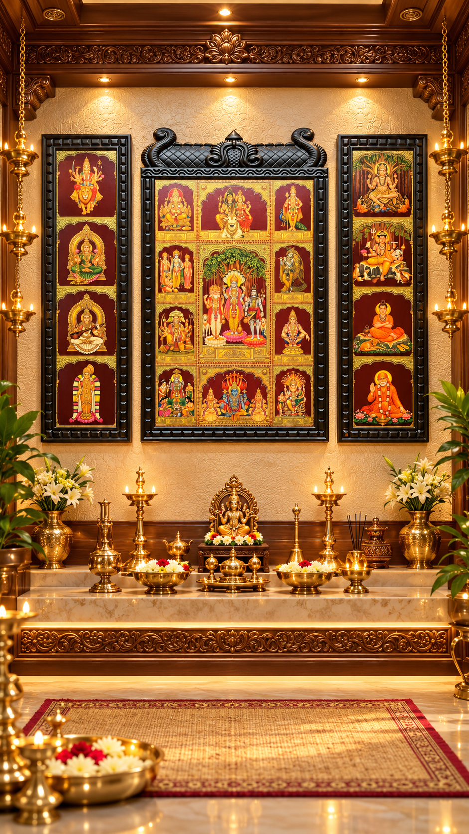 19 Gods in 3 Divine Frames | Gold Leaf Artwork with Temple-Style Wooden Frames | Estudio