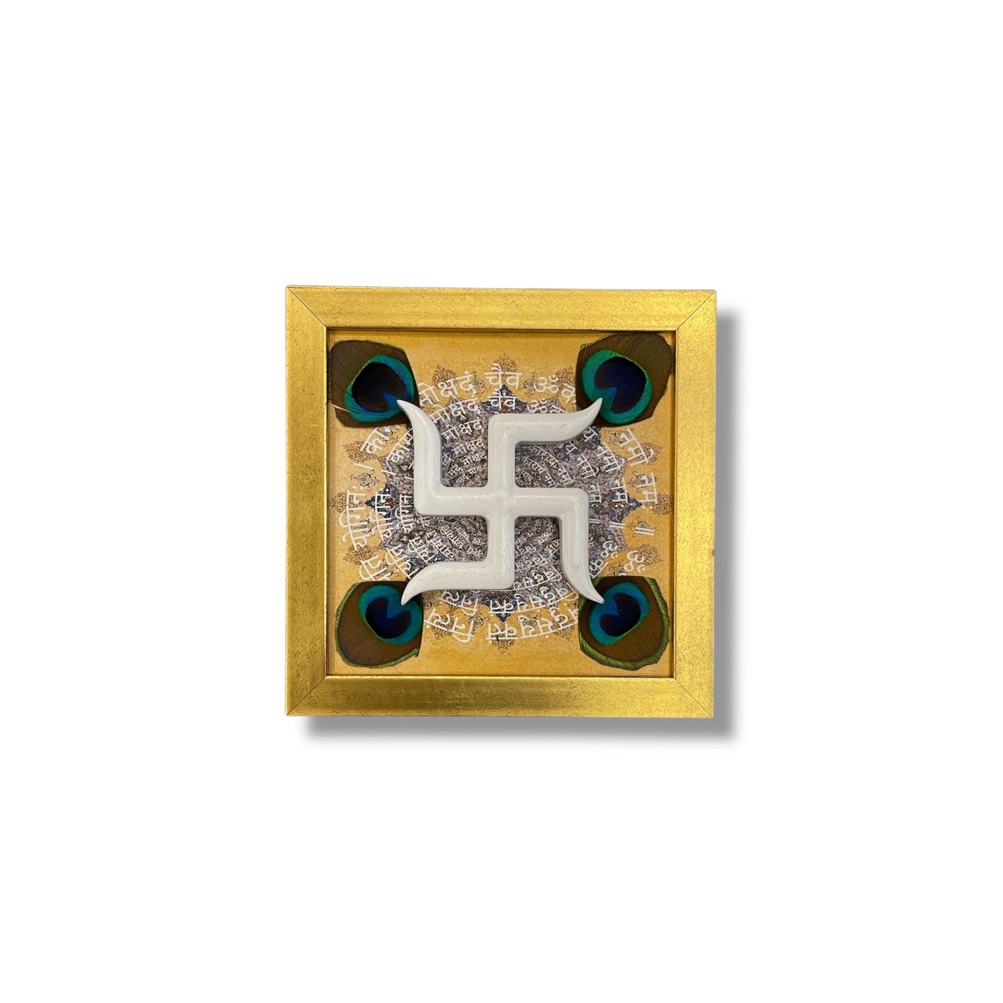 White Wooden Swastik with Peacock Feathers on Omkara in Gold Frame