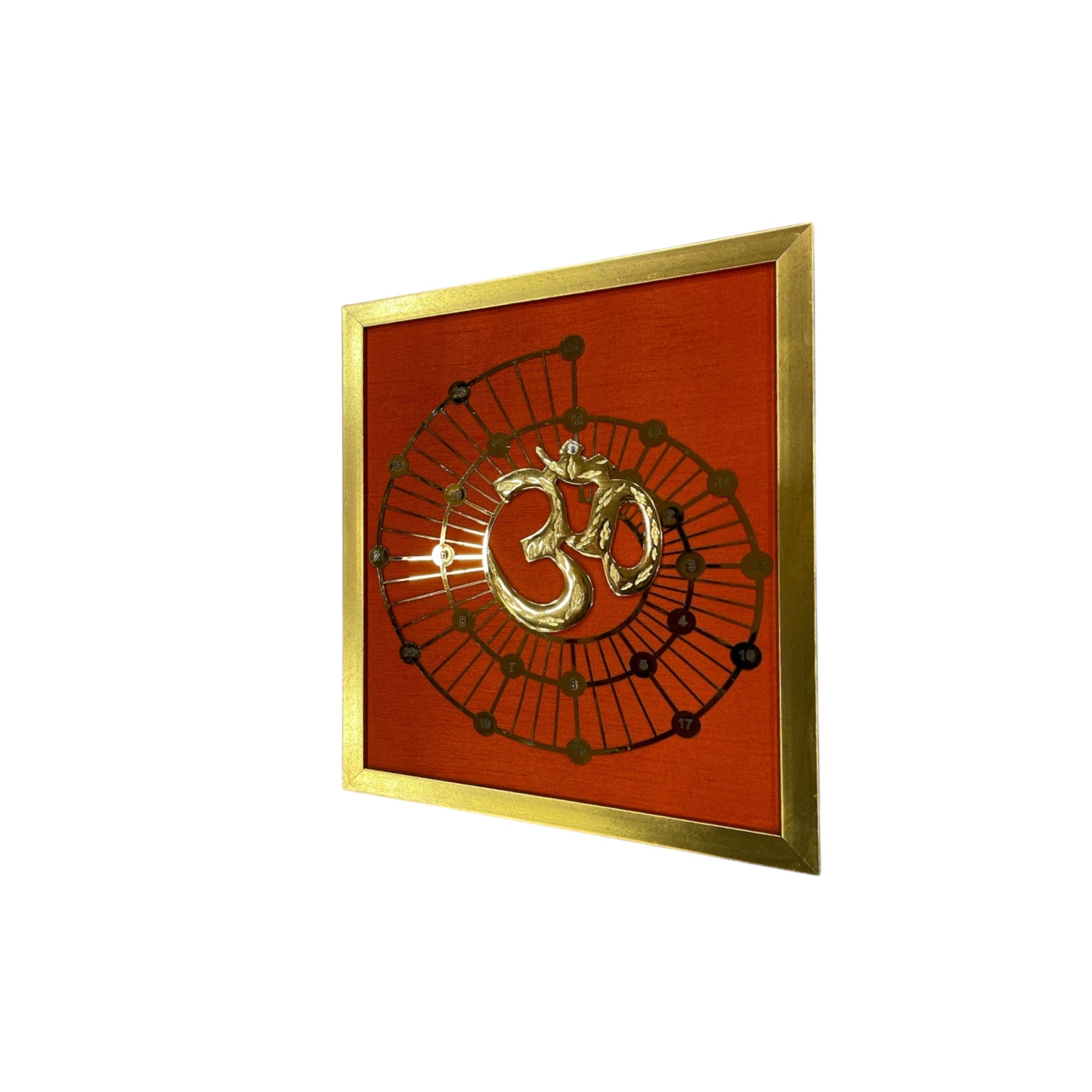 Brass Om & Fibonacci with Red silk in gold frame