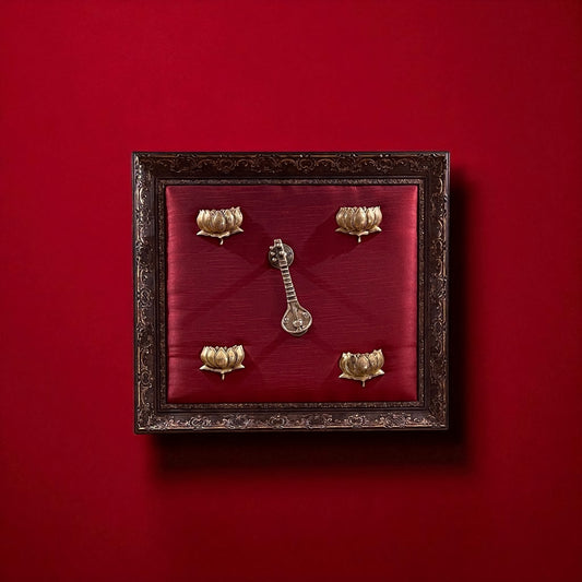 Brass Veena with 4 Lotus on Red Silk Backdrop in Moulded Frame