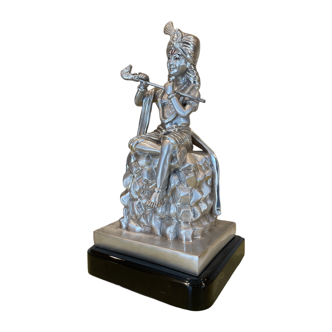 Silver Krishna Idol | 14 Inch Premium , Estudio Decor Statue for Home & Pooja Room