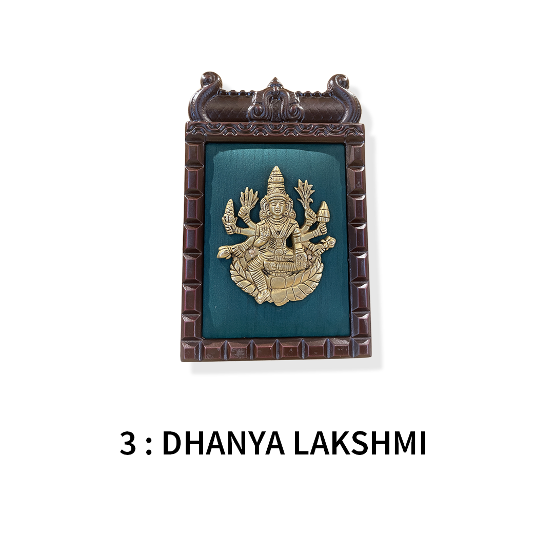 Ashtalakshmi brass wall art – Set of 8 | Green silk backdrop | Sacred home decor
