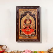 Mahalakshmi Wooden Frame for Pooja Room | Premium Silk Background Wall Decor for Wealth & Prosperity