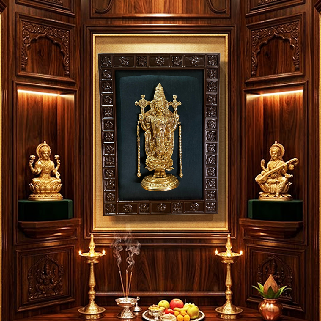 Tirupati Balaji Brass Luxury Green Silk Pooja Wall Frame with Gold Deity , Not Just a Frame… It’s Divine Art ✨