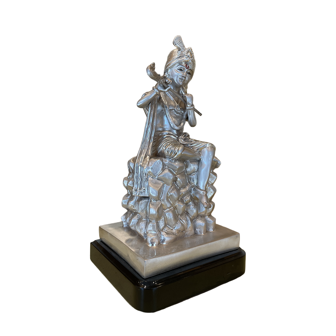 Silver Krishna Idol | 14 Inch Premium , Estudio Decor Statue for Home & Pooja Room