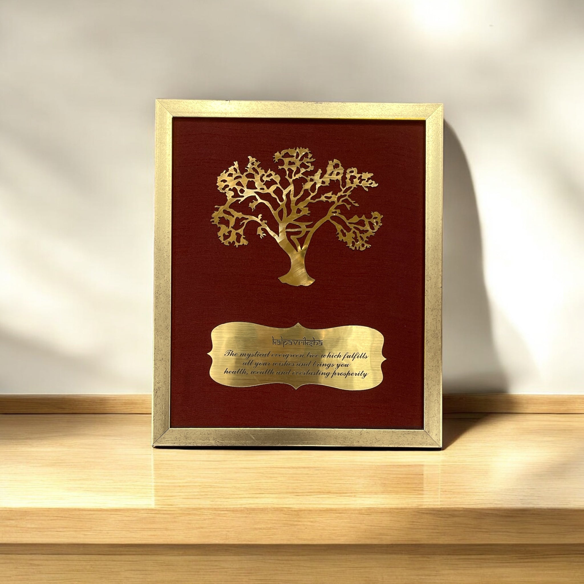 Wishfulfillng Kalpavriksha Tree Metal with Wine Red Silk Background