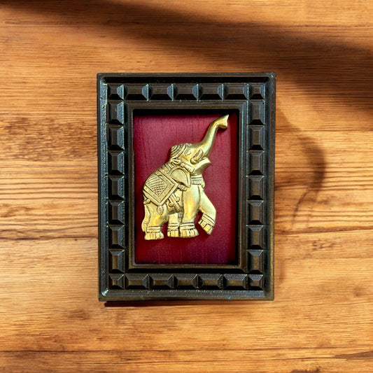 Brass Elephant on wine Red Silk in Wooden Frame