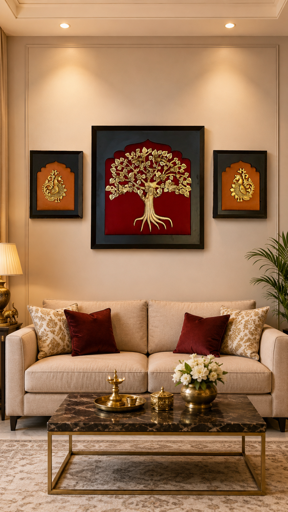 Brass Kalpavriksha with Peacock Wall Art | Luxury Divine Tree Decor for Living Room