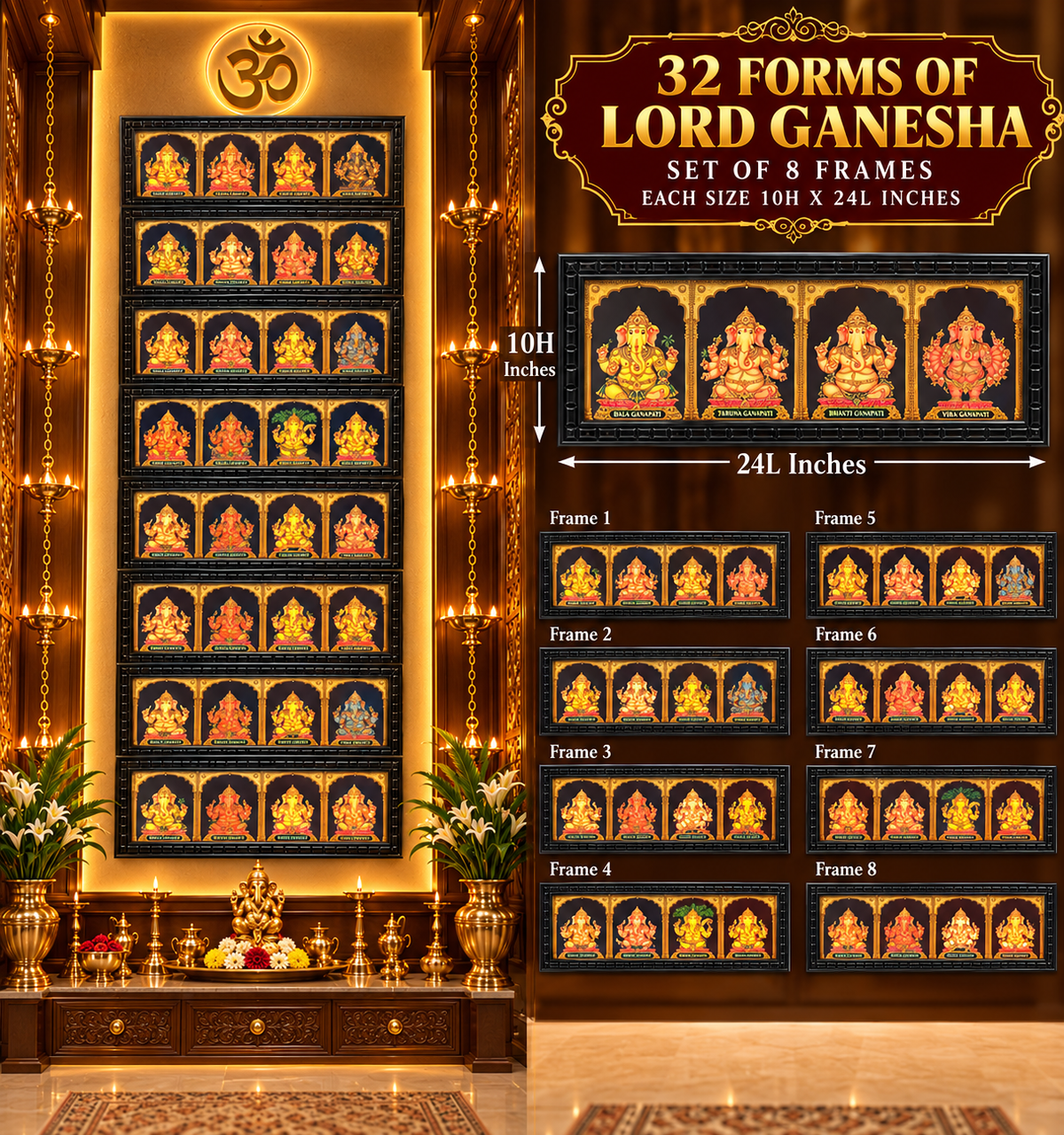 32 Forms of Lord Ganesha Gold Leaf Art | Set of 7 Waterproof Wooden Frames | Luxury Pooja Room Décor – Estudio