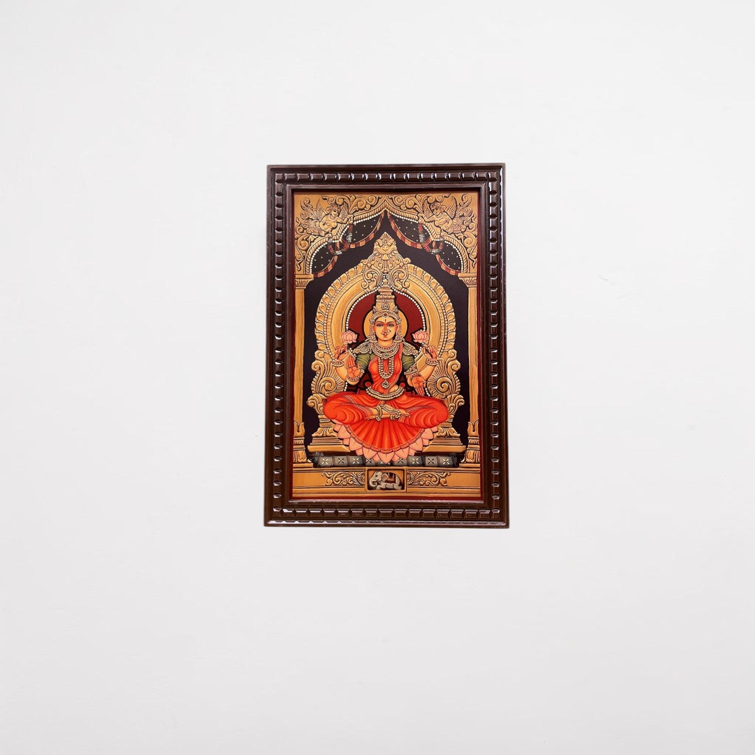 Mahalakshmi Wooden Frame for Pooja Room | Premium Silk Background Wall Decor for Wealth & Prosperity