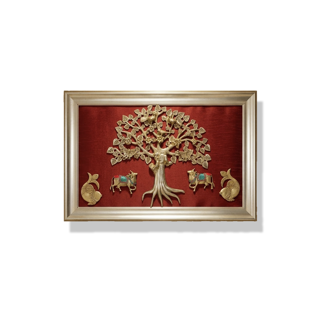 Brass Kalpavriksha Tree Wall Art with Kamadhenu Cows, Shubh Labh & Kuber – Wine Red Silk backdrop Luxury Frame