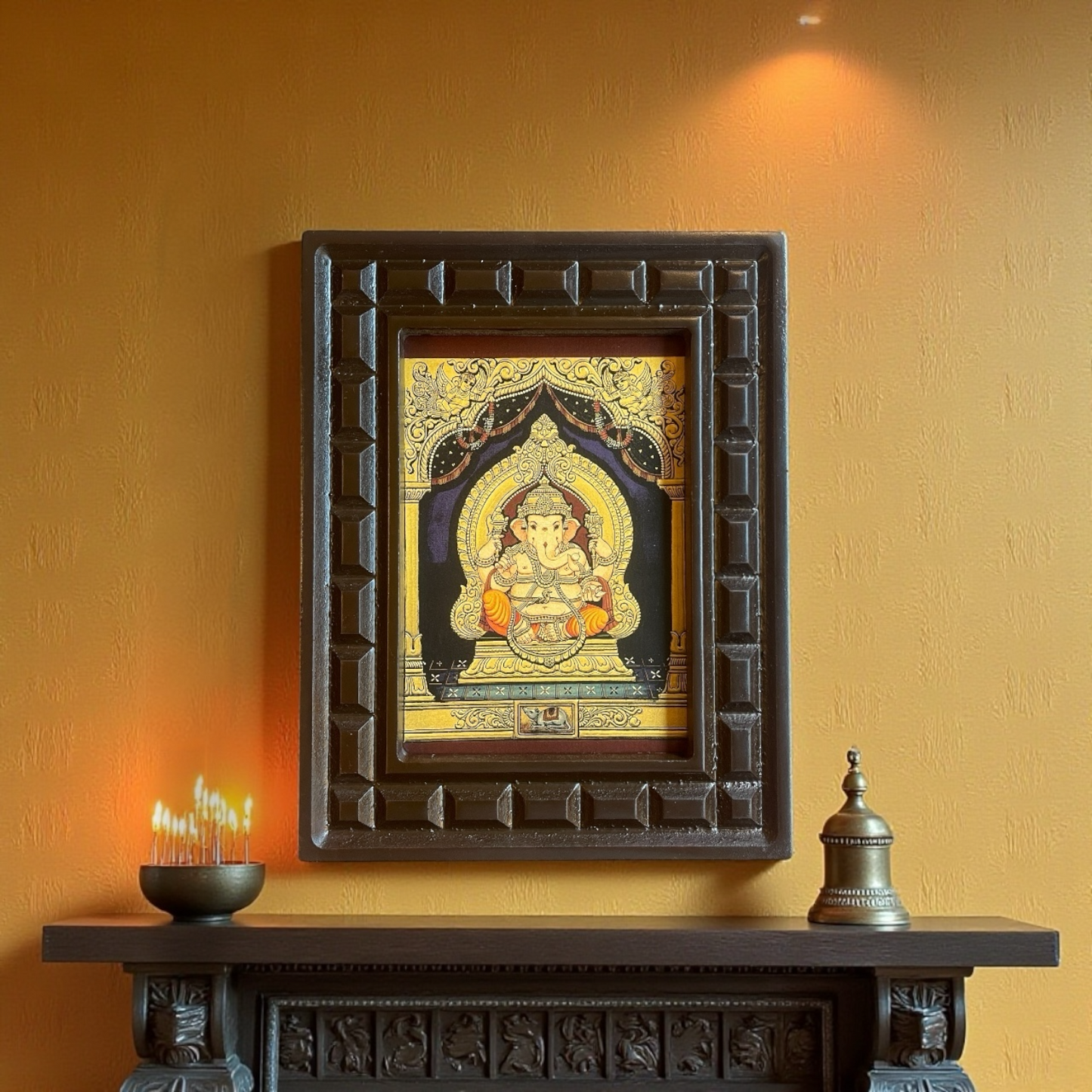 Shree Ganesha Gold Leafed Art With Wooden Frame