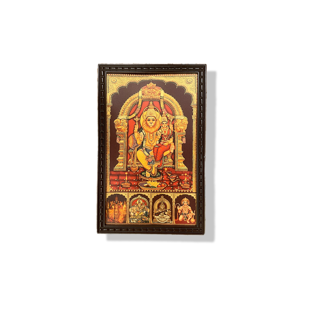 Lakshmi Narasimha with Shiva Parivar, Saraswathi & Hanuman Framed Photo | Divine Panchadevata Wall Art | Premium Pooja Frame