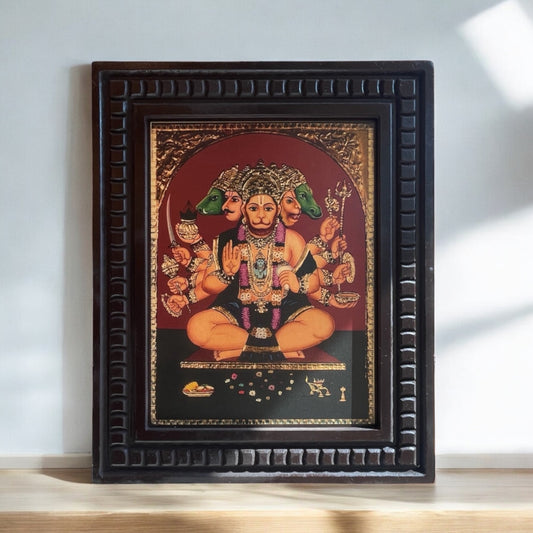 Gold Leafed Art Panchmukhi Hanuman With Wooden Frame