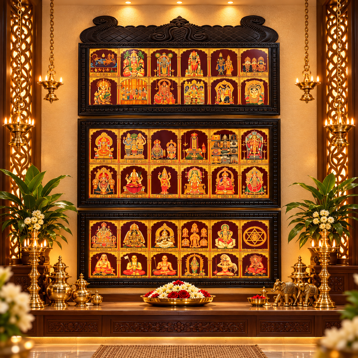 36 Gods Gold Leaf Artwork in 3 Premium Temple-Style Wooden Frames | Divine Pooja Room Wall Art | Made by Estudio