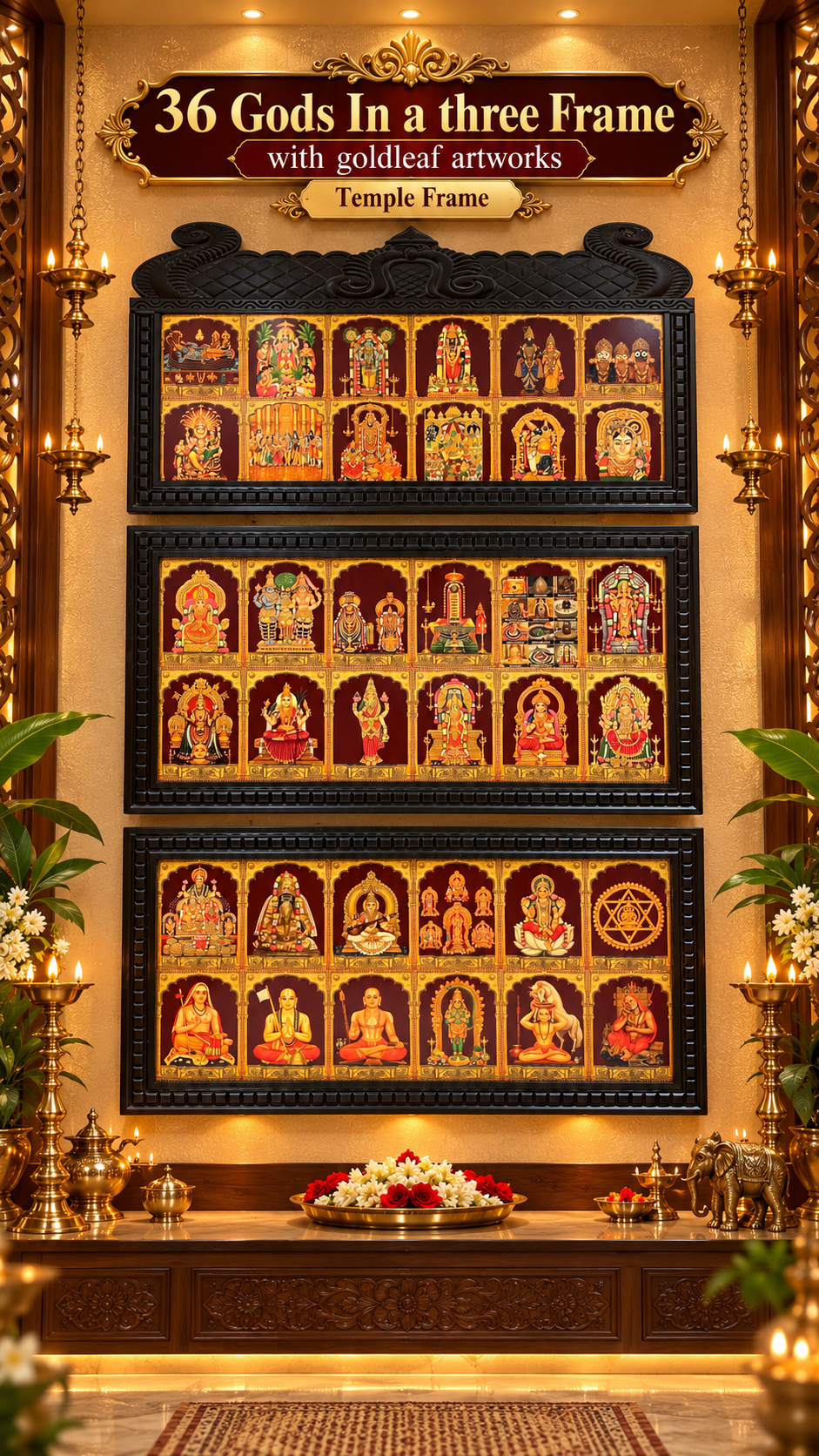 36 Gods Gold Leaf Artwork in 3 Premium Temple-Style Wooden Frames | Divine Pooja Room Wall Art | Made by Estudio