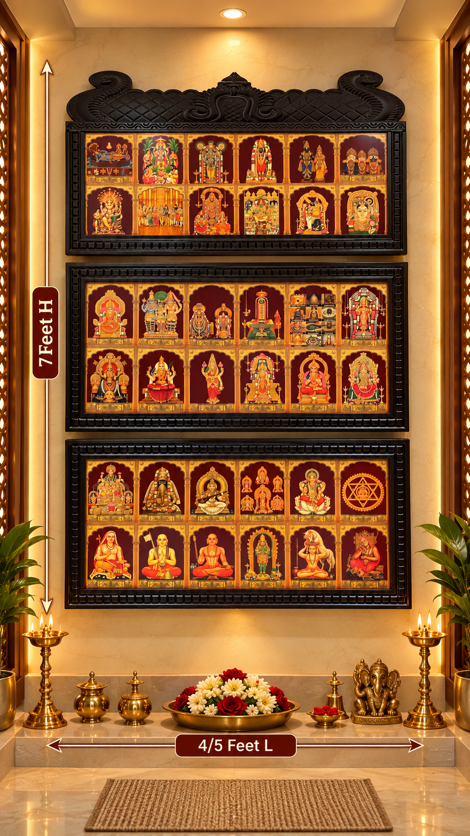 36 Gods Gold Leaf Artwork in 3 Premium Temple-Style Wooden Frames | Divine Pooja Room Wall Art | Made by Estudio