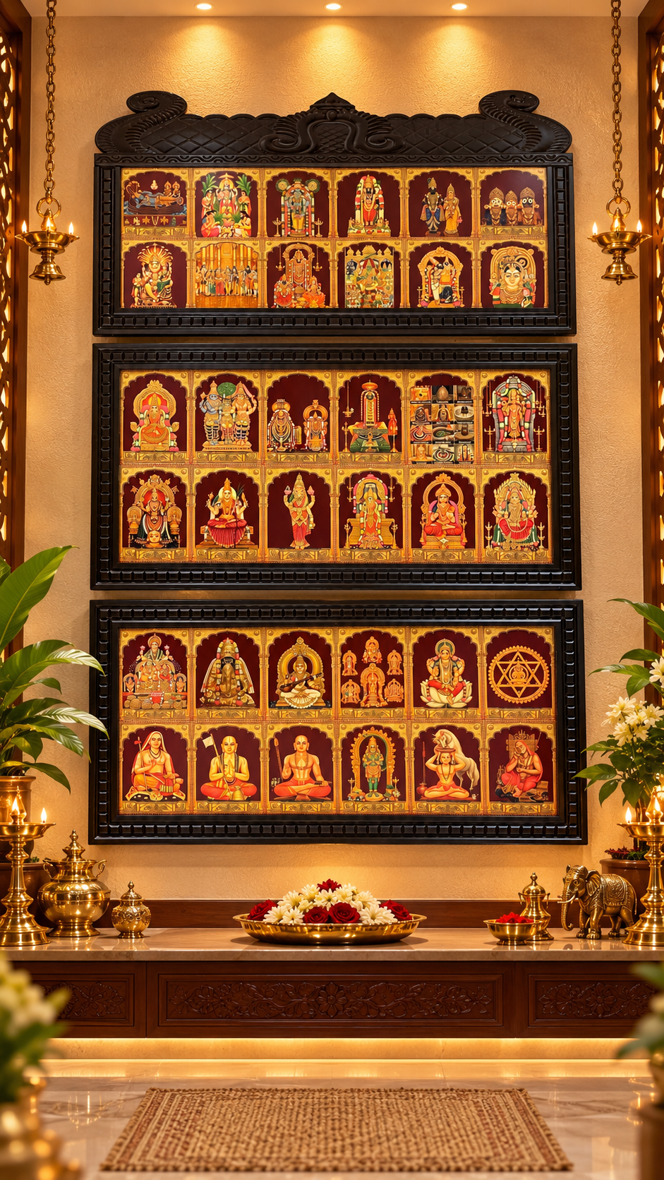36 Gods Gold Leaf Artwork in 3 Premium Temple-Style Wooden Frames | Divine Pooja Room Wall Art | Made by Estudio