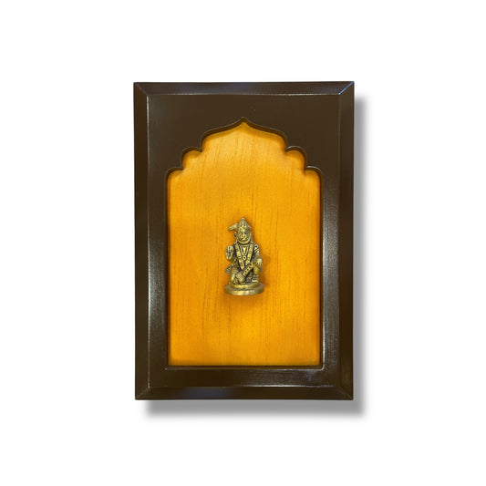 Brass Hanuman Miniature Sculpture on Orange Silk in Wooden Frame