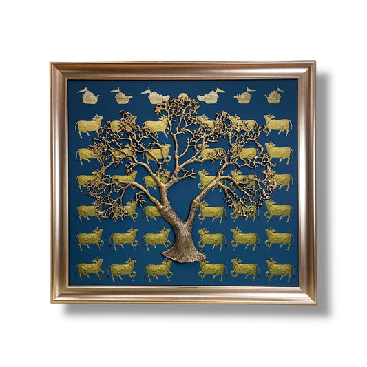 Metal Kalpavriksha on Kamadhenu & Blue Backdrop in Moulded Frame