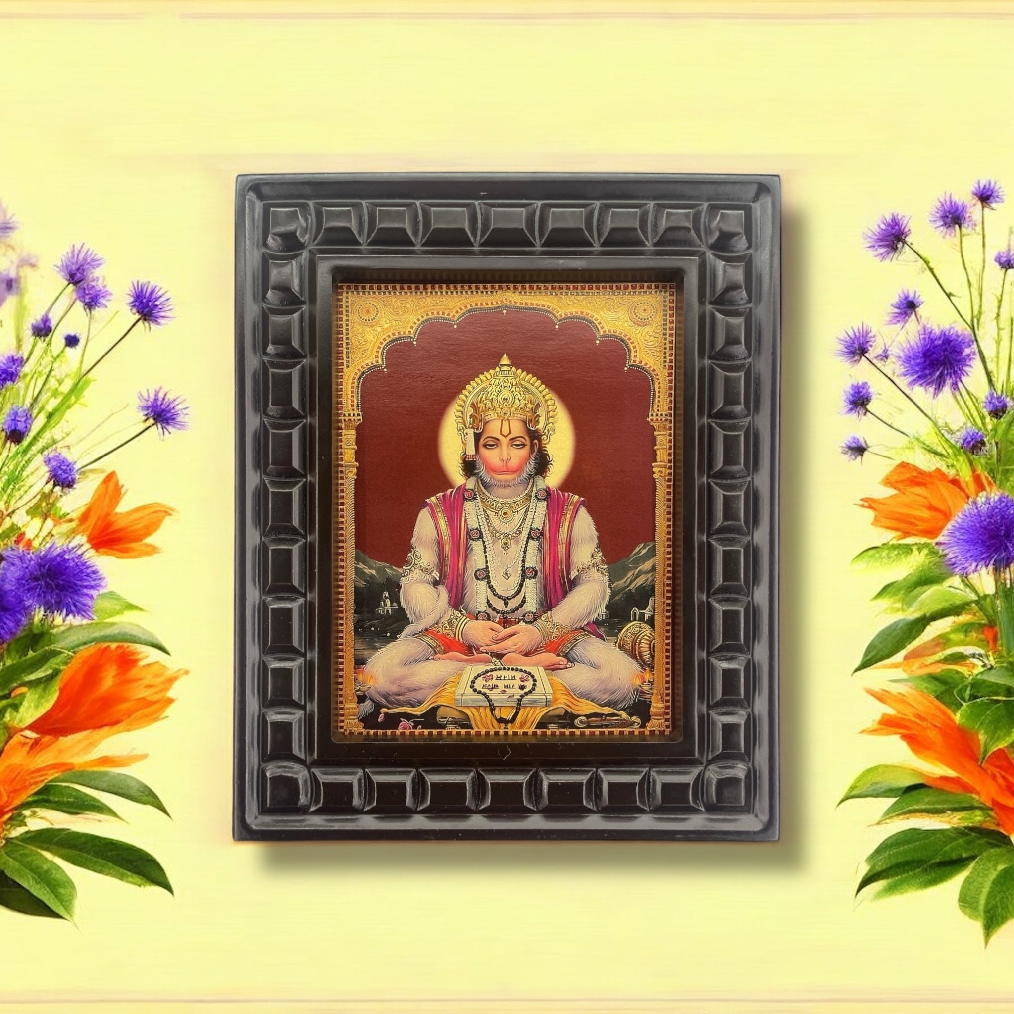 Hanuman Meditating Gold foiled artwork in wooden frame