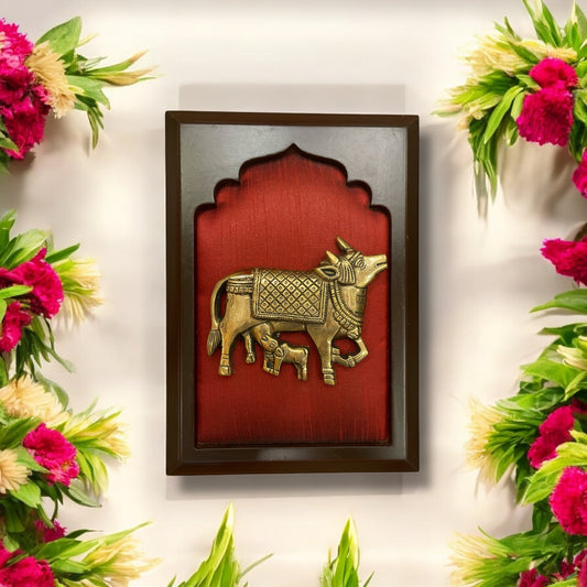 Brass Kamadhenu Cow and Calf on Red Silk in Wooden Frame