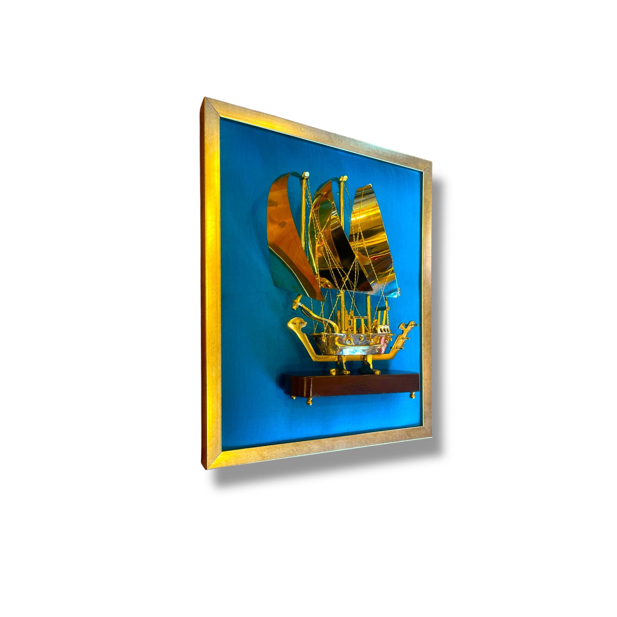 Brass Ship with Blue Silk in Gold Frame