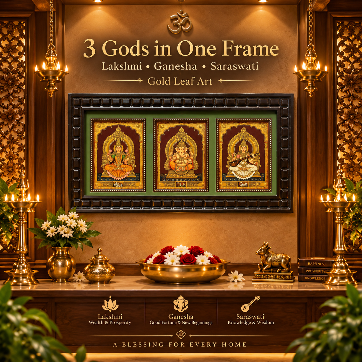 3 Gods in One Frame Gold Leaf Art | Lakshmi Ganesha Saraswati | Premium Pooja Room Décor by ESTUDIO