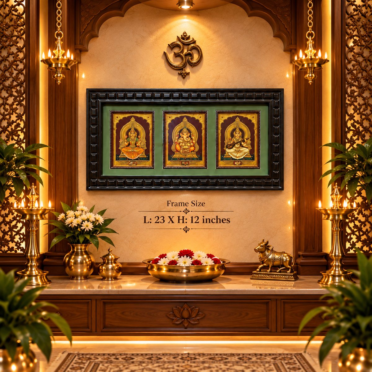 3 Gods in One Frame Gold Leaf Art | Lakshmi Ganesha Saraswati | Premium Pooja Room Décor by ESTUDIO