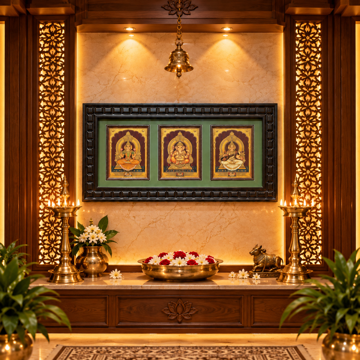 3 Gods in One Frame Gold Leaf Art | Lakshmi Ganesha Saraswati | Premium Pooja Room Décor by ESTUDIO