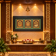 3 Gods in One Frame Gold Leaf Art | Lakshmi Ganesha Saraswati | Premium Pooja Room Décor by ESTUDIO