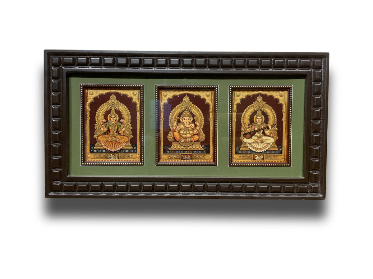 3 Gods in One Frame Gold Leaf Art | Lakshmi Ganesha Saraswati | Premium Pooja Room Décor by ESTUDIO