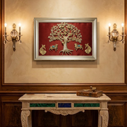 Brass Kalpavriksha Tree Wall Art with Kamadhenu Cows, Shubh Labh & Kuber – Wine Red Silk backdrop Luxury Frame