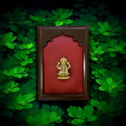 Brass Lakshmi Miniature Sculpture on Red Silk in Wooden Frame