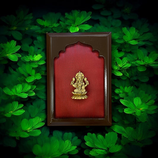 Brass Lakshmi Miniature Sculpture on Red Silk in Wooden Frame