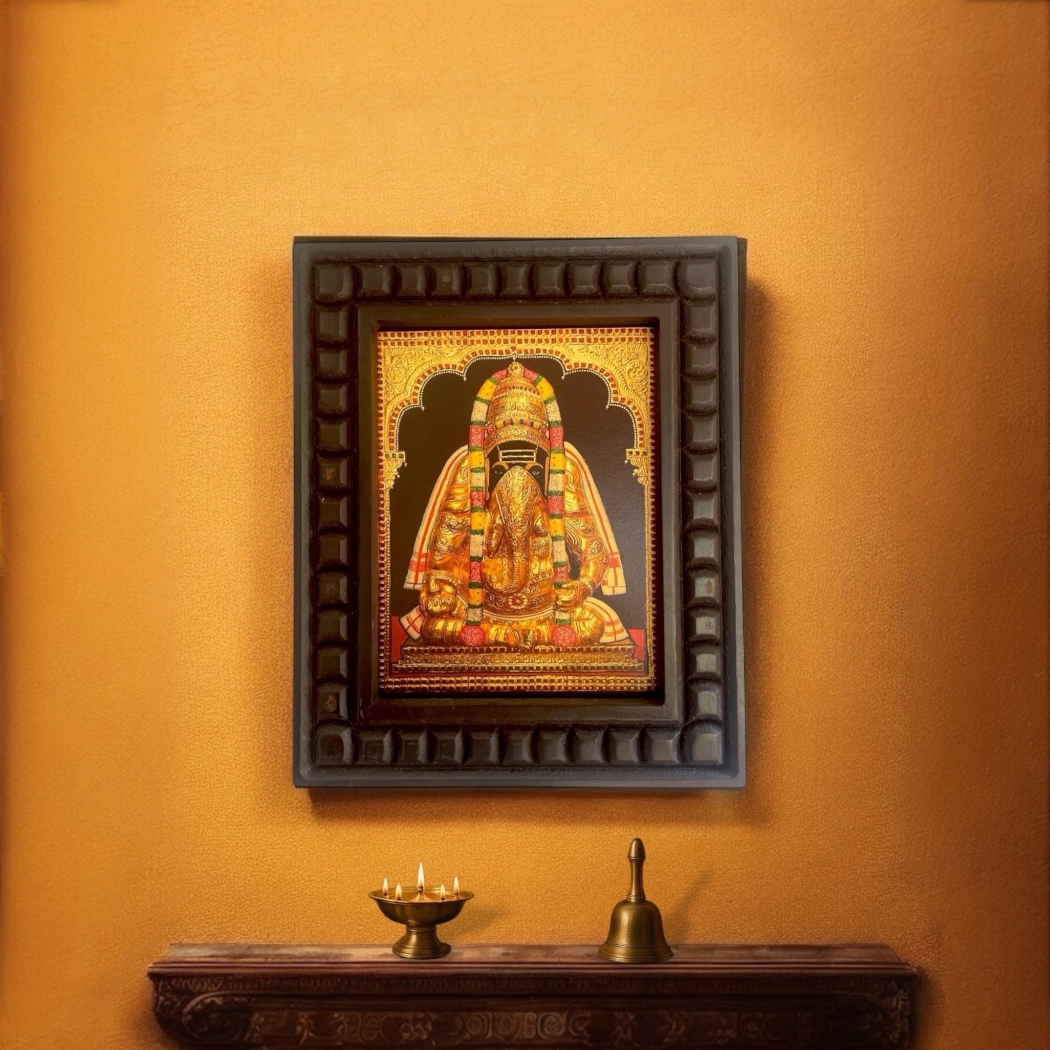 Ganesha : Pillayarapatti karapaga Vinayagar Gold Foil Art Within Wooden Frame